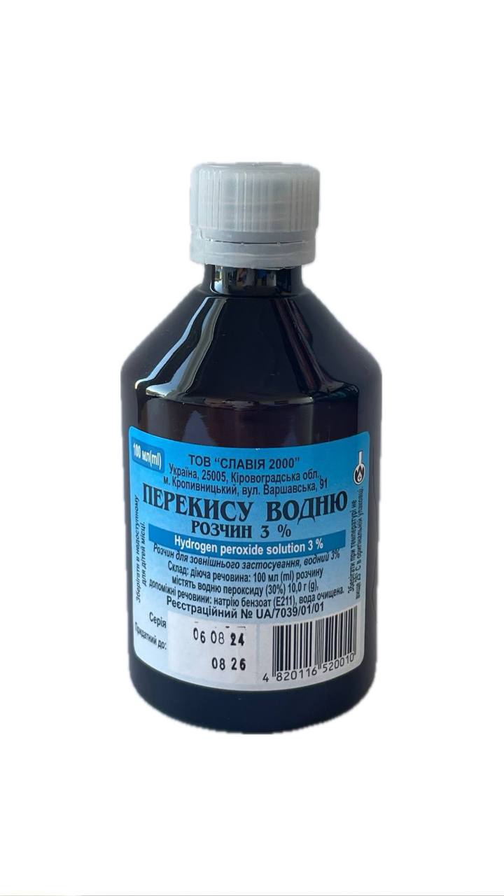 ПЕРЕКИСУ ВОДНЮ розчин для зовнішнього застосування 3% по 100 мл у флаконах полімерних